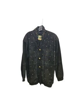 VINTAGE Womens Black Studded Suede Jacket - Classic Button Front